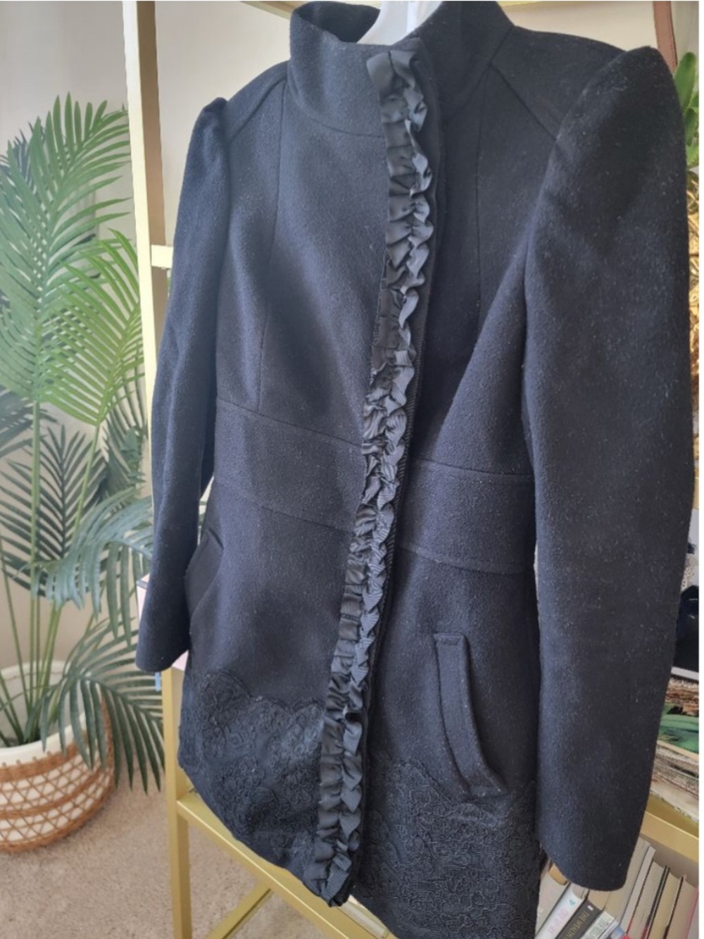 BEBE Black Wool Blend Military Coat w/ Lace Hem & Ruffle Trim - Picture 2 of 7
